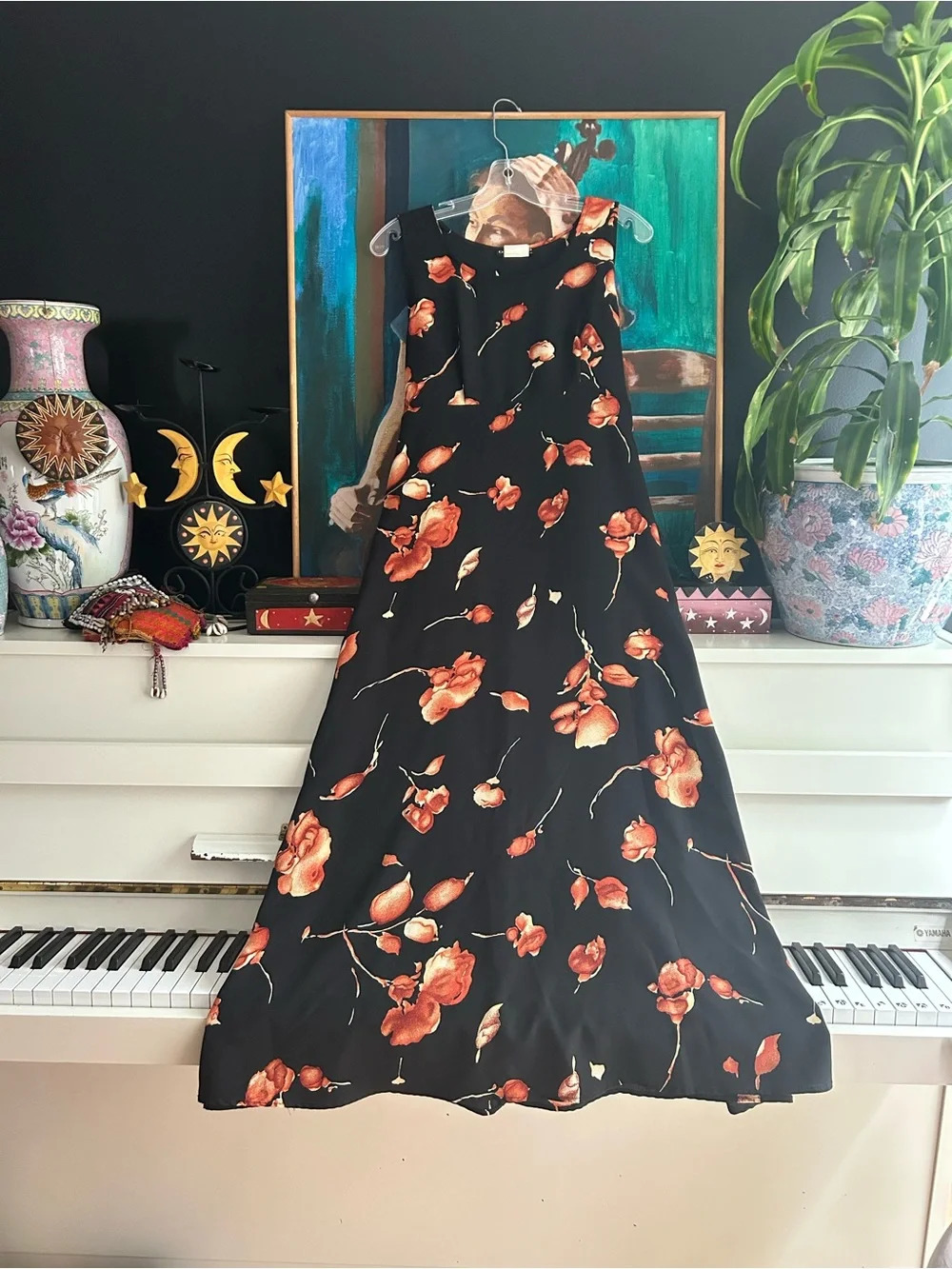 Vintage Options Black Floral Maxi Dress Sleeveless Made in Canada Women’s M